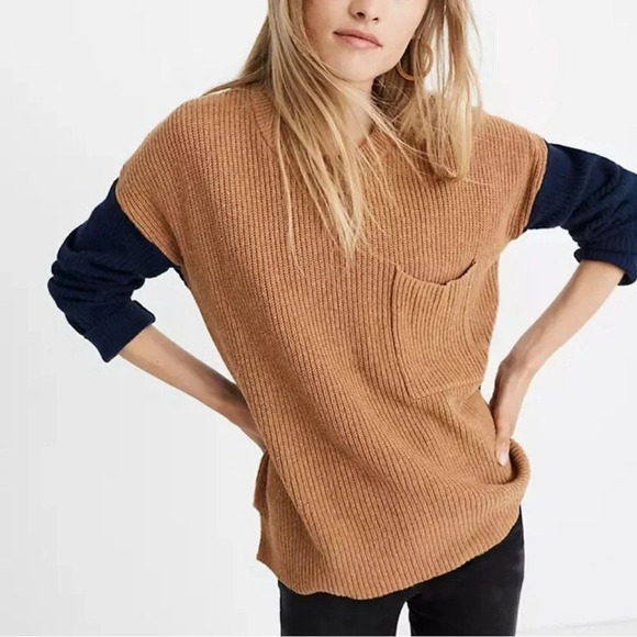 Madewell Thompson color-block high-low knit sweater with pocket size medium - Picture 1 of 14